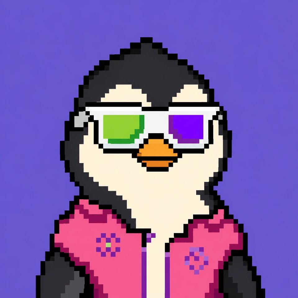Prism Penguin in a pink jacket and white glasses with green and purple lenses