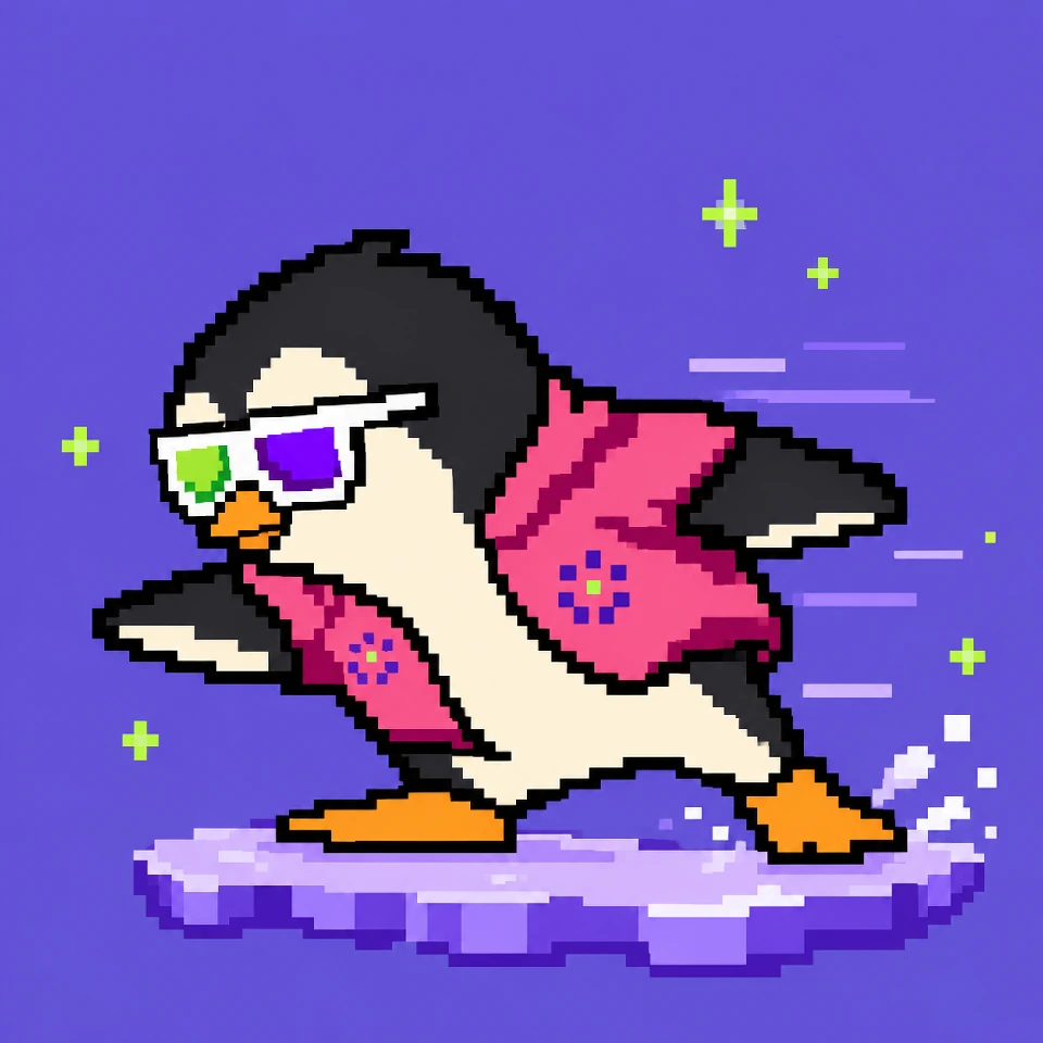 Prism Penguin sliding left across a violet ice floe