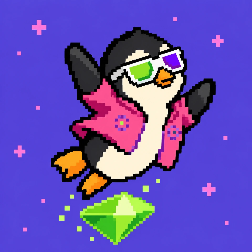 Prism Penguin jumping to the right over a lime crystal