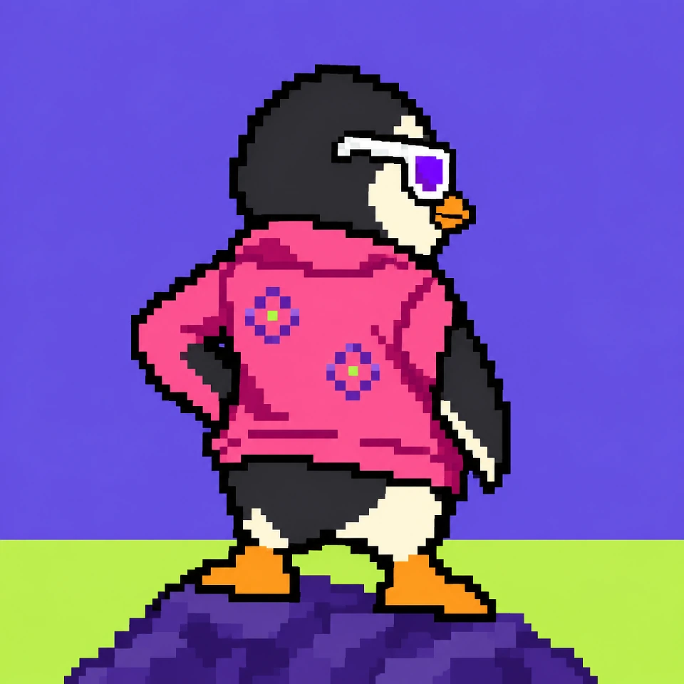 Prism Penguin looking over his right shoulder, showing the back of his pink jacket