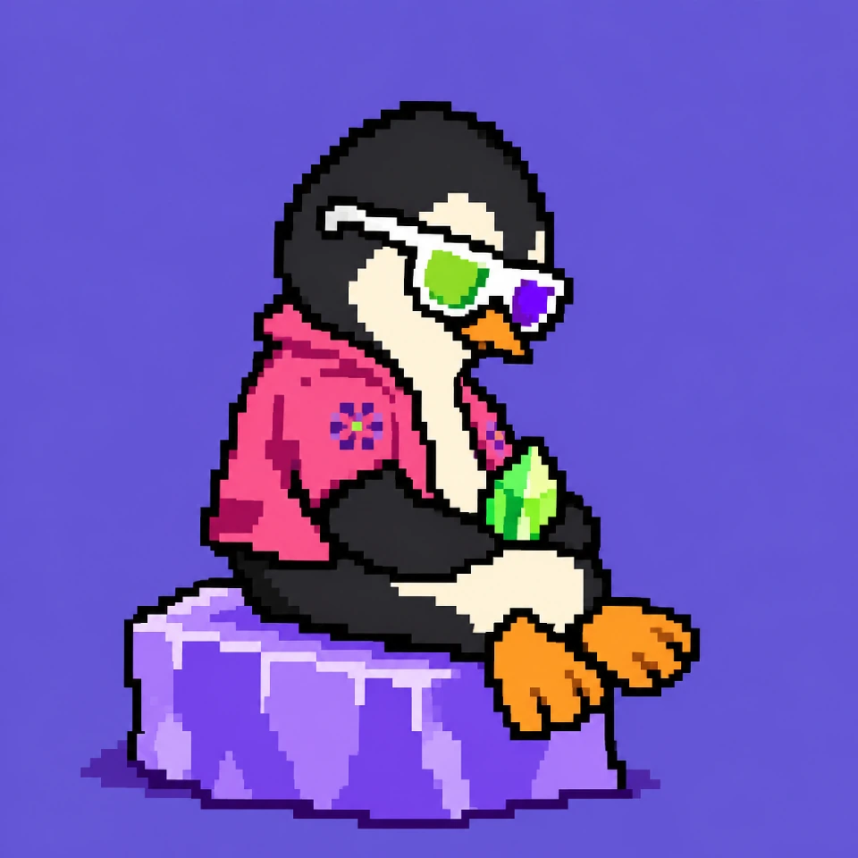 Prism Penguin sitting in profile with a small lime crystal on his lap