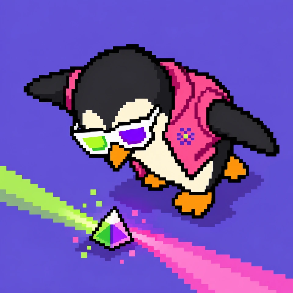 Prism Penguin leaning over a prism and watching the light split